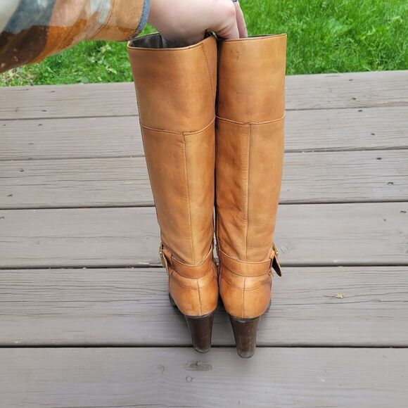 Vintage 70s Western Boho Camel Tan Leather Knee High Tall Equestrian Boots 6.5 - Picture 4 of 9
